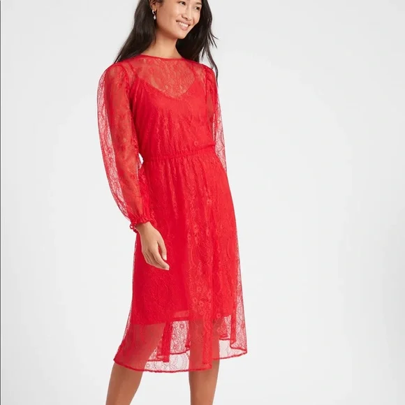 banana republic red lace dress Banana Republic XXS Petite NWT $148 Red Lace Shift Dress Ruffle Sleeve Pockets